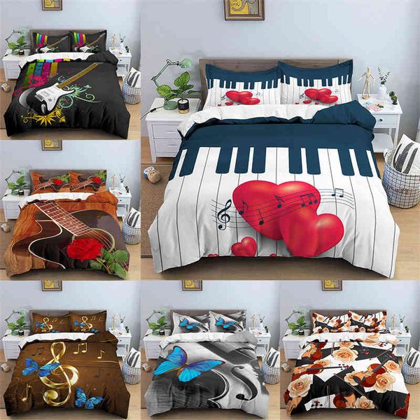 Copripiumino matrimoniale a tema musicale 2/3 pezzi Note Set di biancheria da letto creativo Piumino per chitarra per pianoforte con federa per bambini Adulti