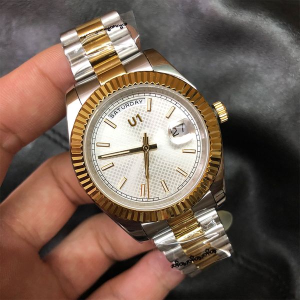 

st9 silver dial day automatic date movement 40mm men watch watches st9 stainless steel two tone bracelet mens wristwatches, Slivery;brown