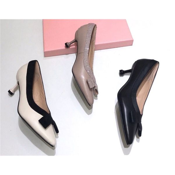 

sandals spring leather pointed head shallow mouth middle heel fresh bow women's shoes ins net red single se8o, Black