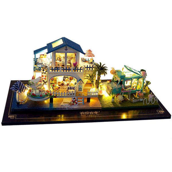 

mini size casa diy wooden doll house kit miniature with furniture blue ocean cottage dollhouse toys for friends girls xmas gifts aa220325