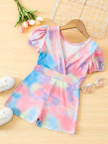 

toddler girls tie dye puff sleeve romper she, Blue