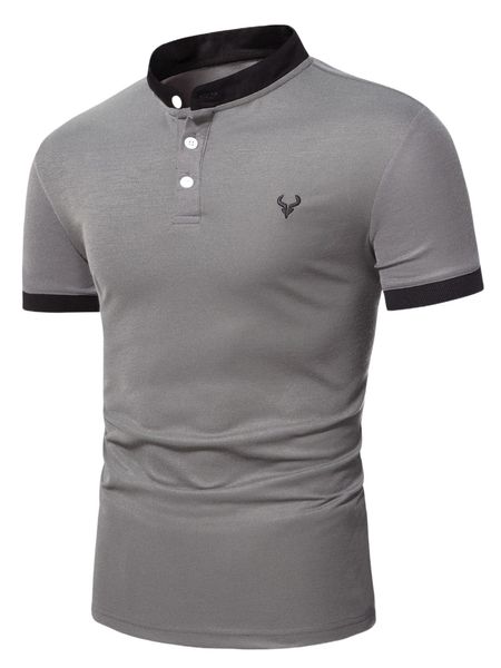 

men cattle head embroidery contrast mock neck polo shirt r11r#, White;black