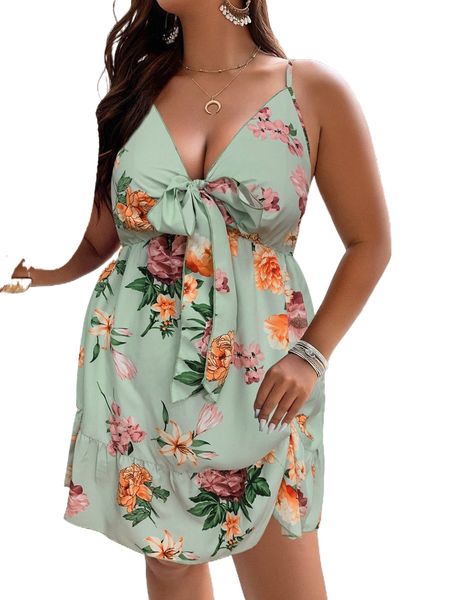 

plus floral print knot front cami dress n5wp#, Black