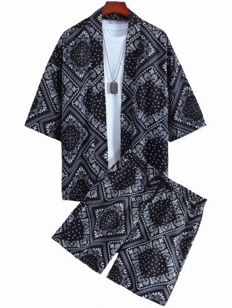 

men random scarf print kimono & shorts without tee a16g#, Gray