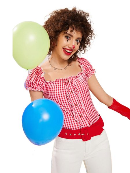 

gingham print frill trim tee t2d8#, White