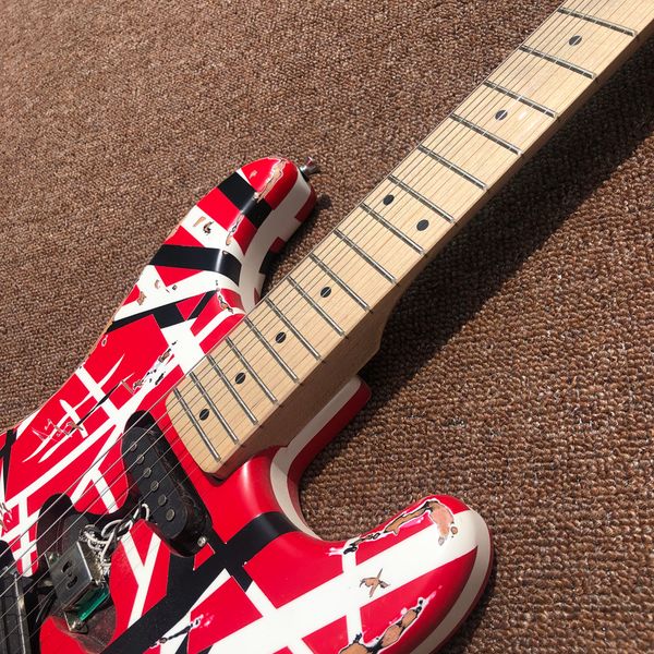 

guitar eddie guitar/heavy aged/black white red stripe/franken red electric guitar/frankenstrat
