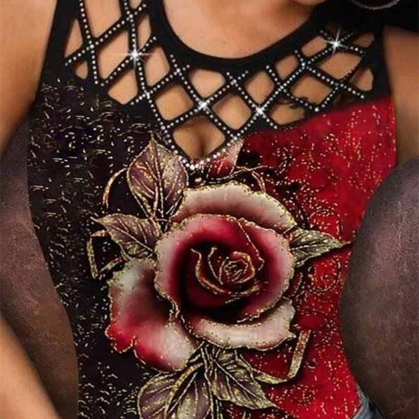 

summer casual t shirt women fashion floral multicolor rose print sleeveless hollow out tank vest 220316, White