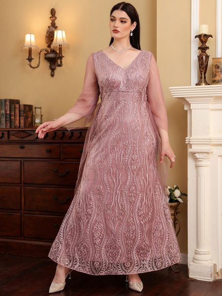 

plus flower embroidered trumpet sleeve mesh prom dress p4wo#, Black