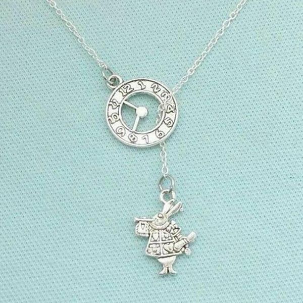 

alice in wonderland rabbit clock necklace pendant vintage silver choker lariat chain statement choker for womens jewelry punk hip hop gift