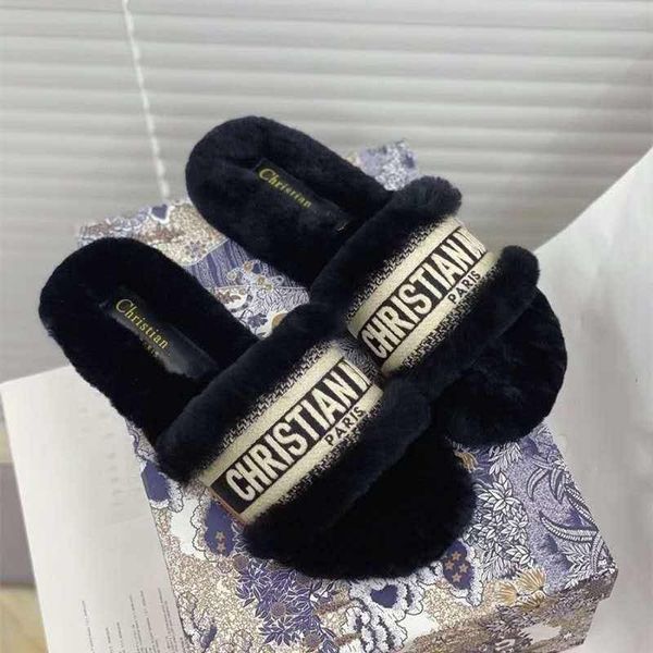 

wool shoes women's autumn and winter 2021 new family d lamb one piece versatile flat bottom embroidered slippers for external wear, Black