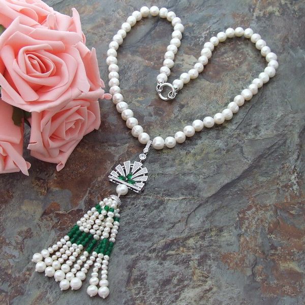 

romantic 24&quot white round freshwater pearl green round jade necklace zircon pendant, Silver