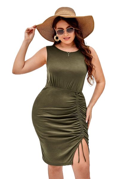 

plus drawstring ruched fitted dress 42ep#, Black