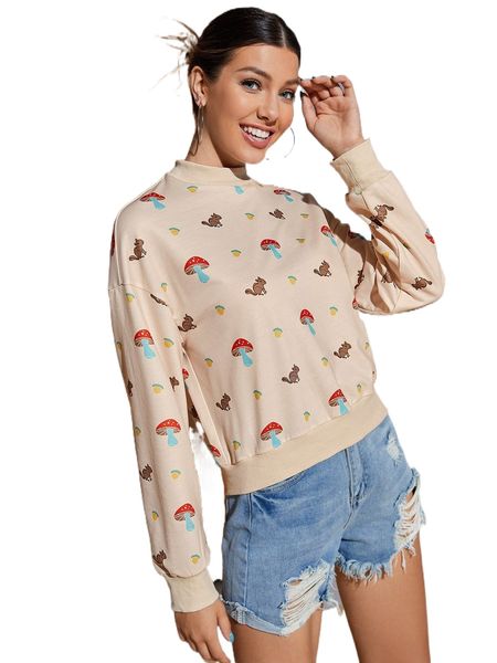 

x saramiel art mushroom & squirrel print drop shoulder sweatshirt a5m2#, Black