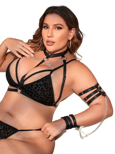 

plus 2pack chain detail harness bra without liner h3x6#, Black;white