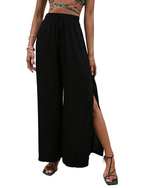 

elastic waist split thigh pants q18p#, Black;white