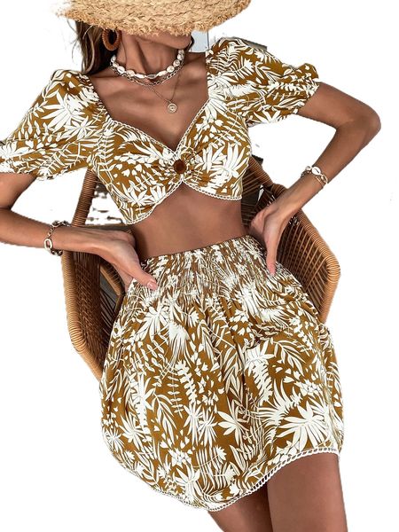 

tropical print tie back with skirt g9dr#, White