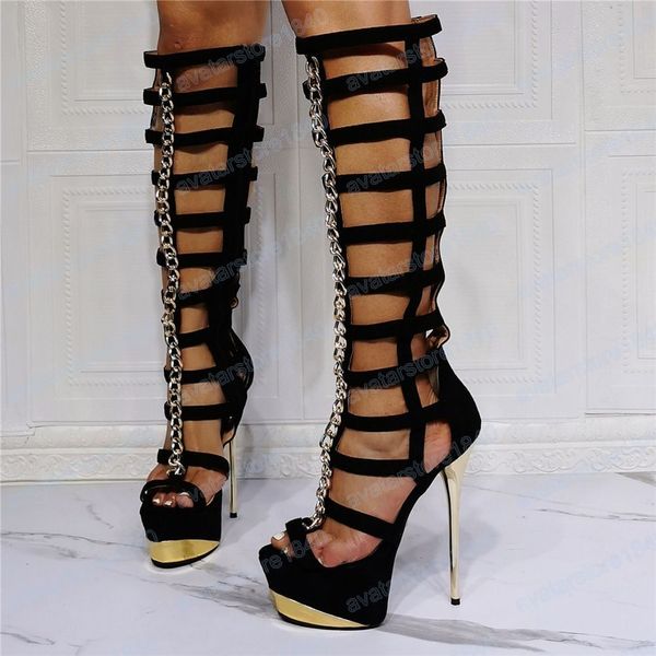 Mulheres de luxo Gladiator Sandals Boots Chain Front Chain Metal High Strappy Summer Hollow Out Festy Dress Shoes Woman