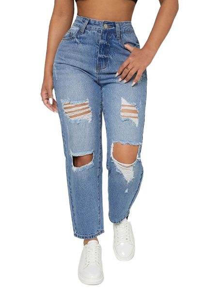 

petite high waist ripped cut out mom fit jeans v2dy#, Blue