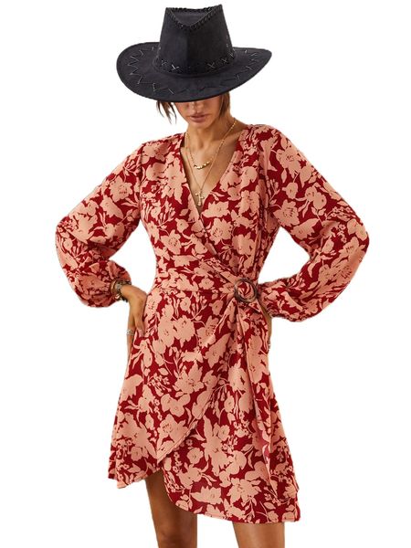 

rusttydustty floral print lantern sleeve wrap buckled side dress v3f6#, Black;gray