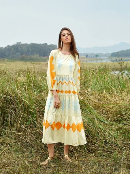 

geo print ruffle hem bishop sleeve dress g6ny#, Black;gray