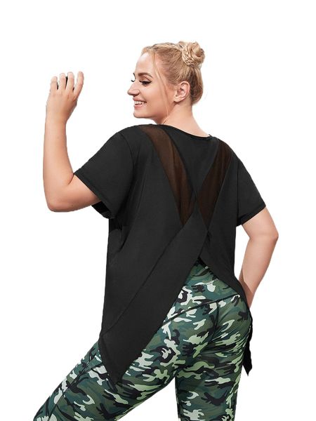 

plus mesh insert asymmetrical hem sports tee p2ts#, Black