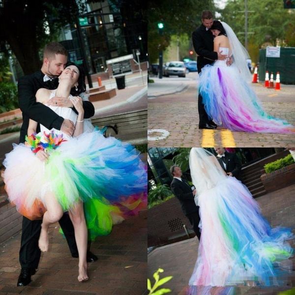 

rainbow wedding dresses colorful tulle sweep train ruffles beach gothic lace-up corset vintage wedding gown vestido de novia, White