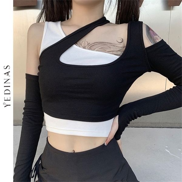 

yedinas punk fashion black white patchwork long sleeve crop female harajuku grunge off shoulder bodycon autumn 220401