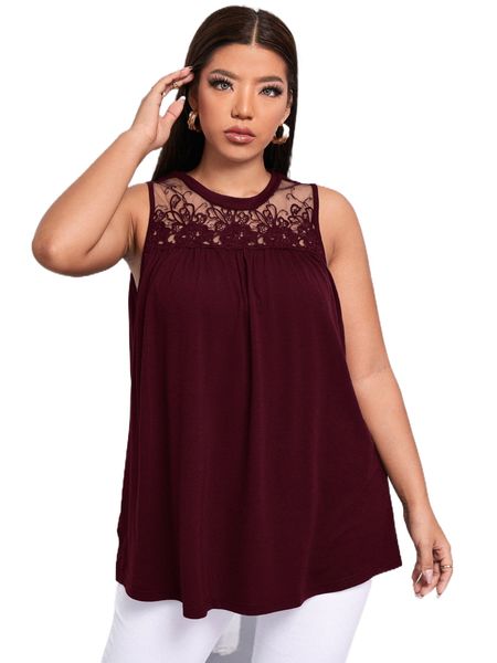 

plus embroidery mesh yoke tank z6eq#, Black