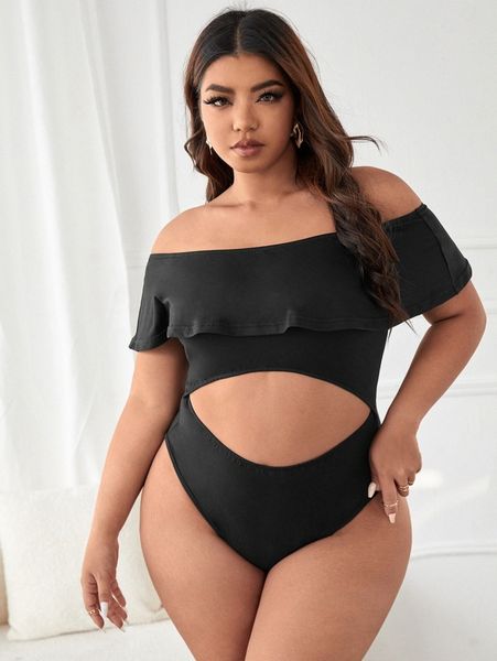 

plus cut out off shoulder bodysuit l1wu#, Black