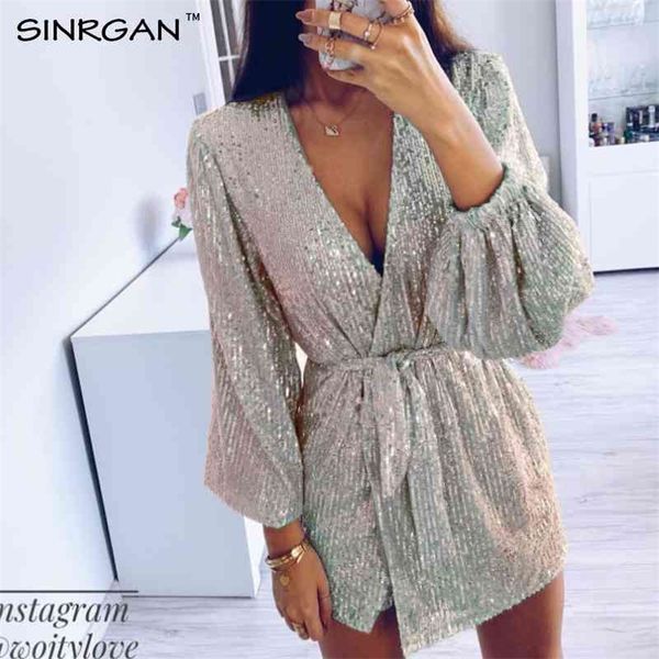 

nankey party silver glitter sequin dress women evening body occasion wrap dress sashes v neck mini vestidos 210322, Black;gray