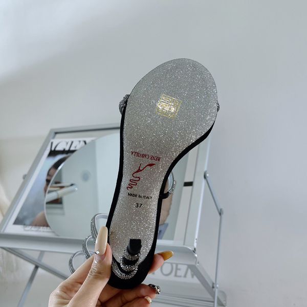 A113 Caovilla Margot Rene Süettiz Süet Sandallar Yılan Strass Stiletto Heels Kadınların Yüksek Topuklu Tasarımcıları Ayak Bileği Sargısı Akşam Ayakkabı Gerçek