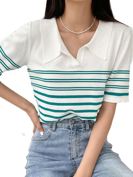 

dazy-less stripe pattern collared knit n0bj#, White;black