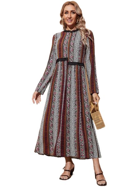 

emery rose floral print pleated detail frilled neck dress m45k#, Black;gray