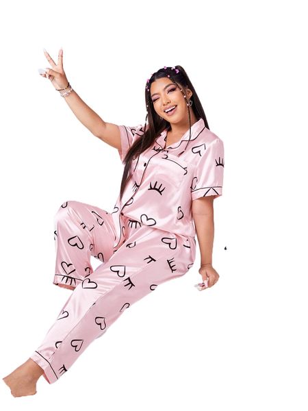 

plus figure & heart print contrast binding pajama set n7tz#, Black;white