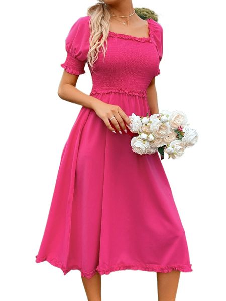 

shirred frill trim dress l6fs#, Black;gray