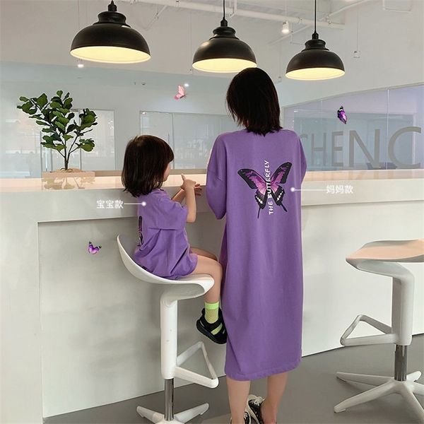 

parent child short sleeved t shirt skirt mother and women summer purple dress mom baby 220614, Blue