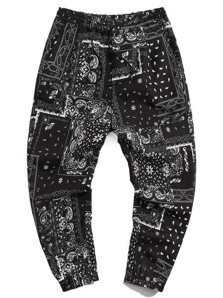 

men paisley print drawstring waist pants x3si#, Black