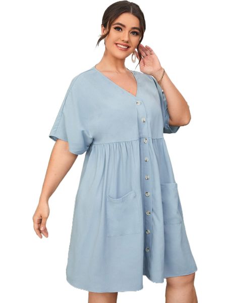 

plus button up double pocket smock dress r0nk#, Black