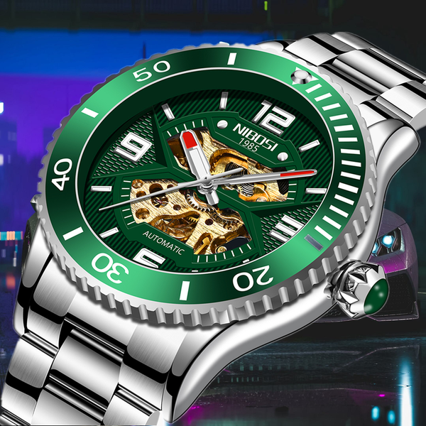 

nibosi new watch men automatic mechanical tourbillon clock fashion sport diving watch 100atm waterproof luminous watches mens, Silver