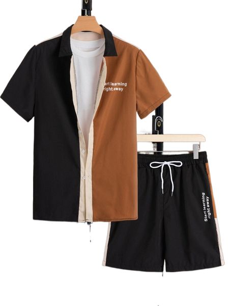 

men slogan graphic color block shirt & drawstring shorts 56r9#, Gray