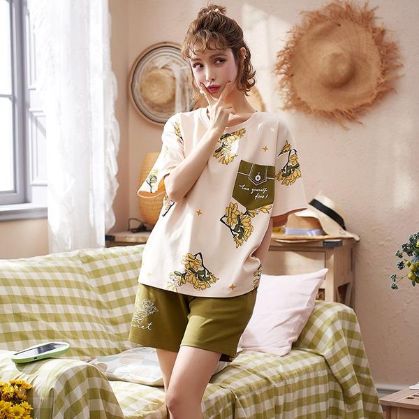 

summer pyjamas womens short sleepwear pants two pieces set pajamas sweet cotton female printed pyjama femme, Black;red
