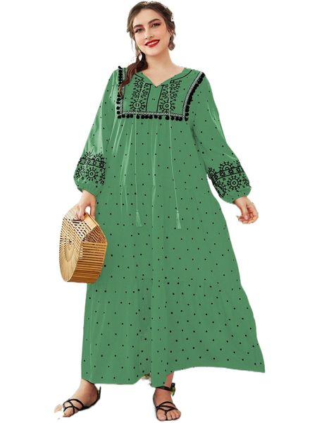 

plus polka dot geo embroidery tassel tie neck ruffle hem dress d7dx#, Black