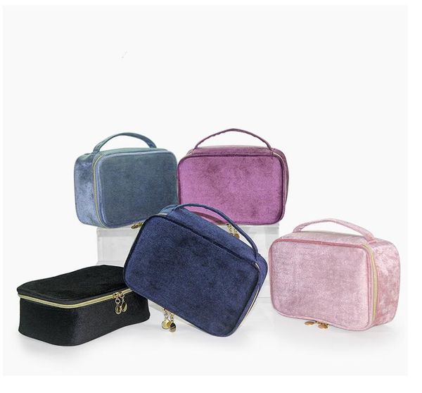 Borsa per cosmetici Borsa da viaggio portatile in velluto da donna Borsa per trucco tascabile con pennello di grande capacità con manico