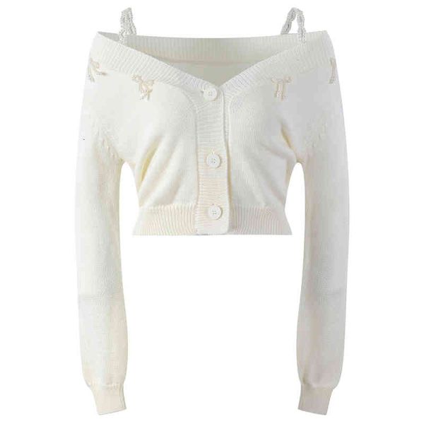 

women's knits tees autumn and winter v-neck bowknot sweater suspender cardigan embellishment women's fashion temperament 3syg, White