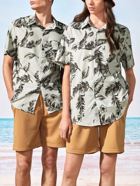 

1pc tropical print button through shirt r4hu#, White;black