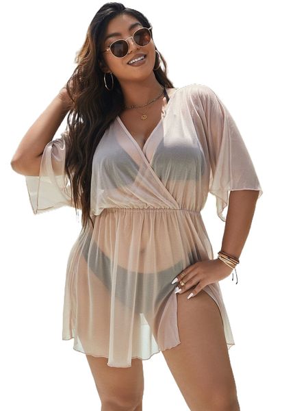 

plus batwing sleeve split hem sheer cover up dress without bikini e4zz#, Black