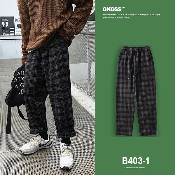 

men's pants men's pants spring plaid fashion retro drawstring casual men streetwear wild hip hop loose straight trousers mens m-2x, Black