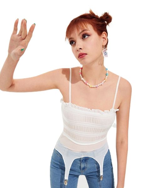 

frill trim shirred straps hem cami 51sc#, White