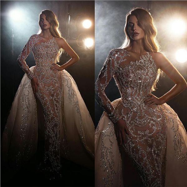 

bling african mermaid prom dress with detachable train one shoulder long sleeve beads evening dresses birthday party special occasion gowns, Black
