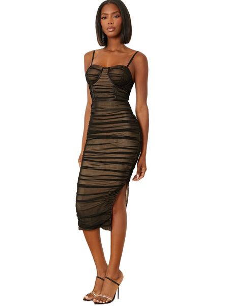 

ruched mesh cami dress 852r#, Black;gray